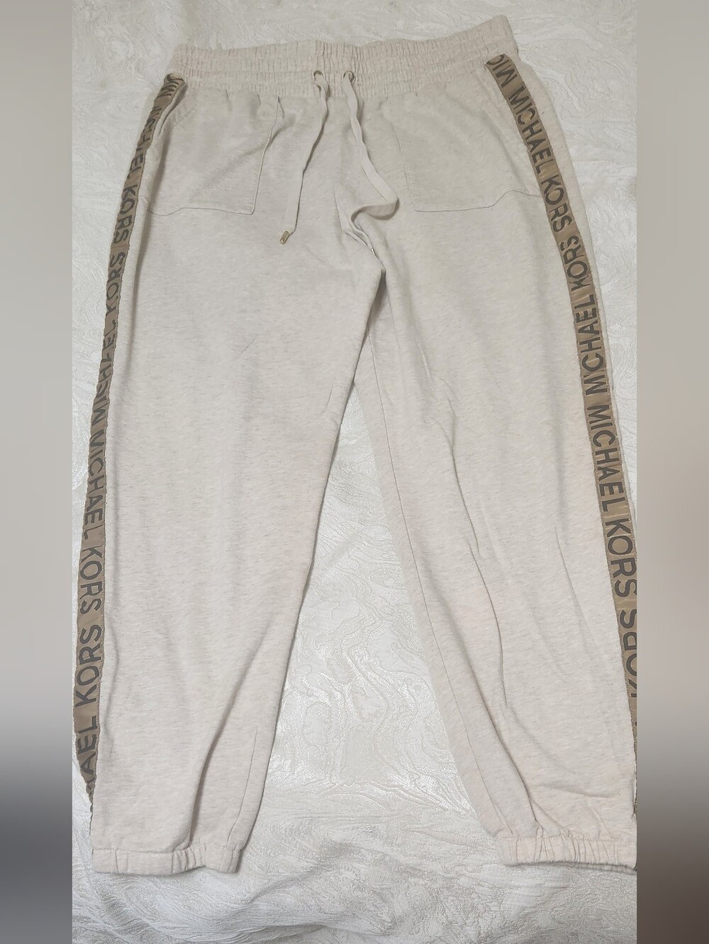 Michael Kors Bone Tan Joggers Gold Metallic Black Logo Tape Sweatpants L EUC
